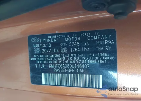 2013 Hyundai Veloster Base W/Black z USA, uszkodzony, nr VIN KMHTC6AD8DU146407